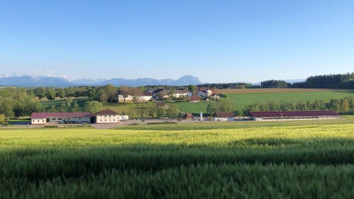Holzinger fish farm against the rural backdrop of the Alps