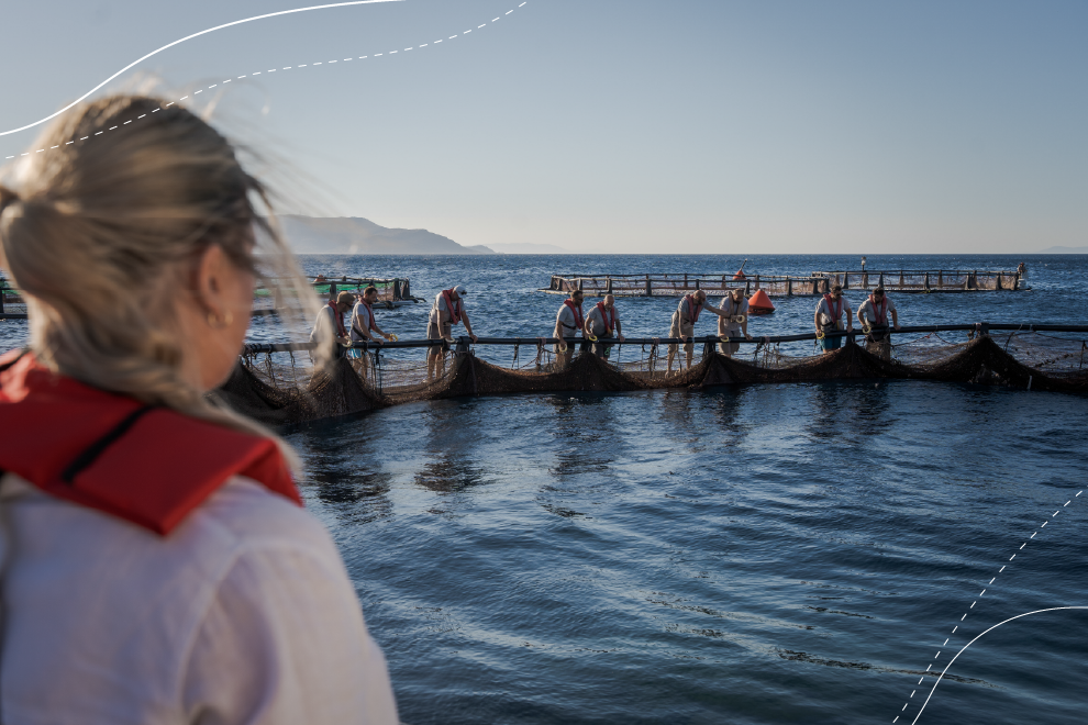 Woman in a life jacket observes workers handling nets on a fish farm in open water.
