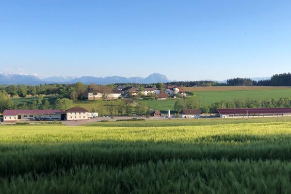 Holzinger fish farm against the rural backdrop of the Alps